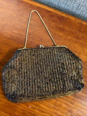 Vintage Hand Beaded Bronze Evening Bag Crown Colony of Hong Kong Clutch Purse